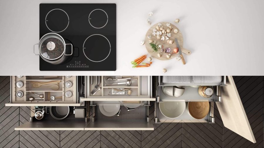 An overhead shot of some kitchen storage ideas (open drawers)