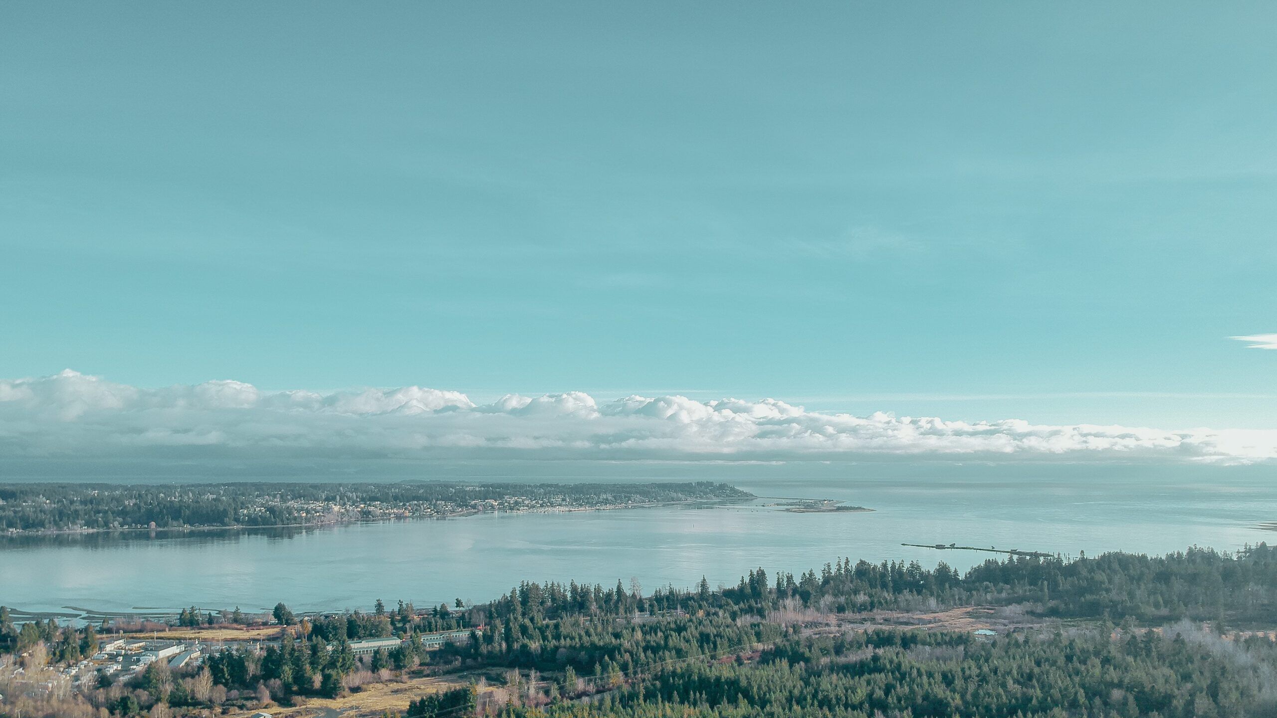 Elevated photograph of Courtenay showing the city and its inlet coast