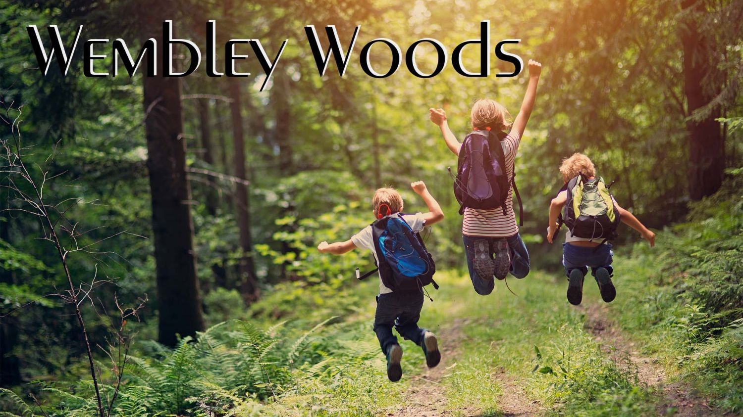 Children running through forest.