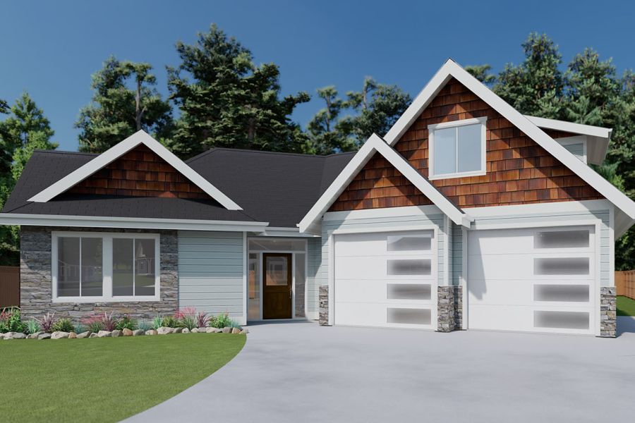 Exterior of house with white garage doors and wooden siding