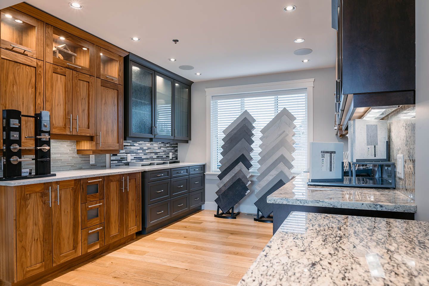 Samples of cabinets and materials on display in a showroom