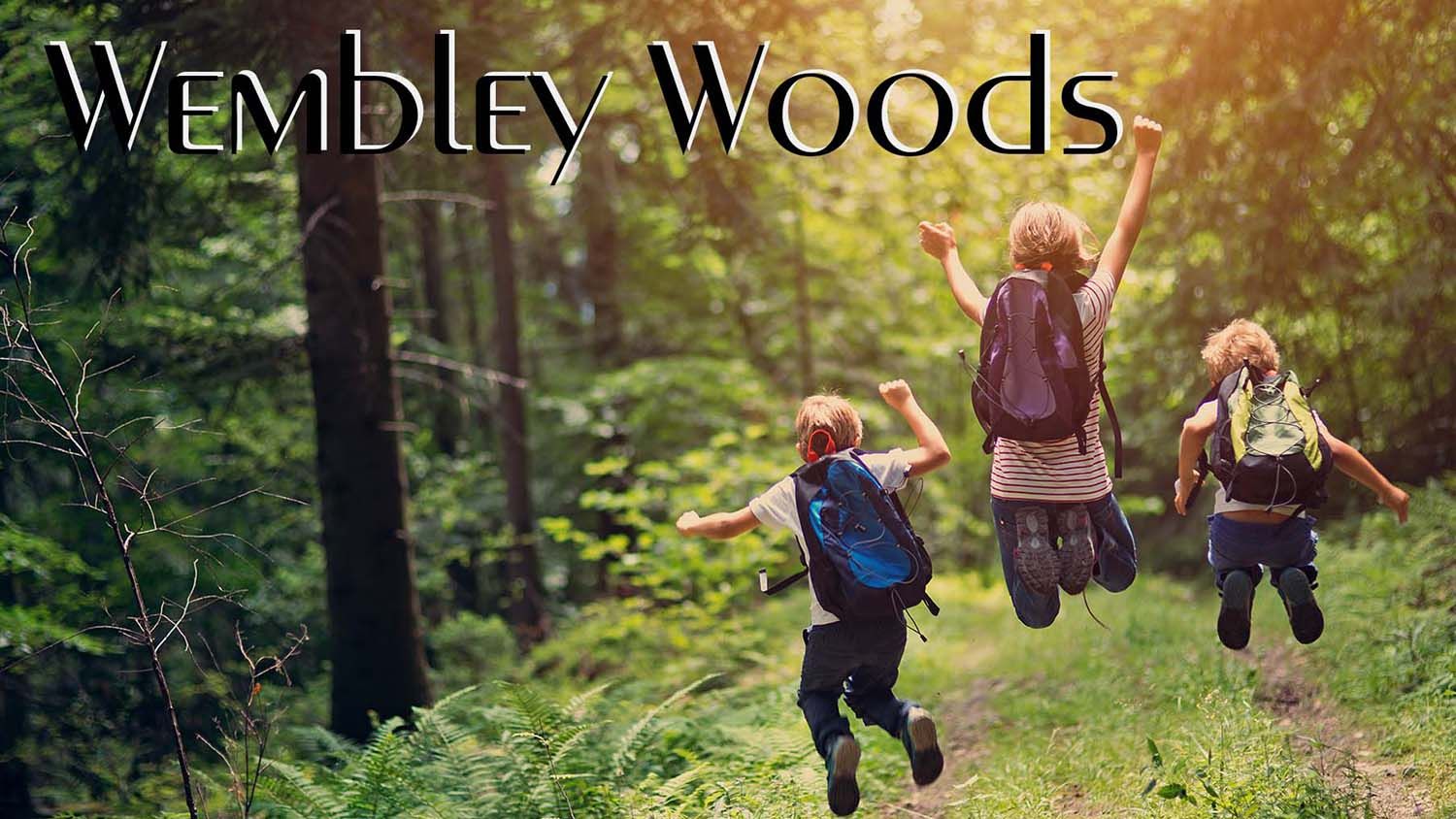 Children running through forest.