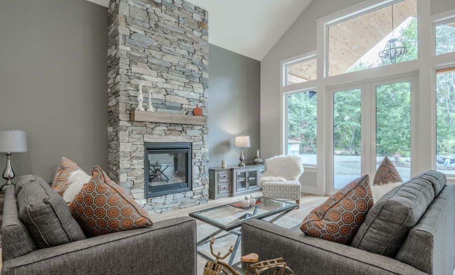 Living room with a fireplace and couches