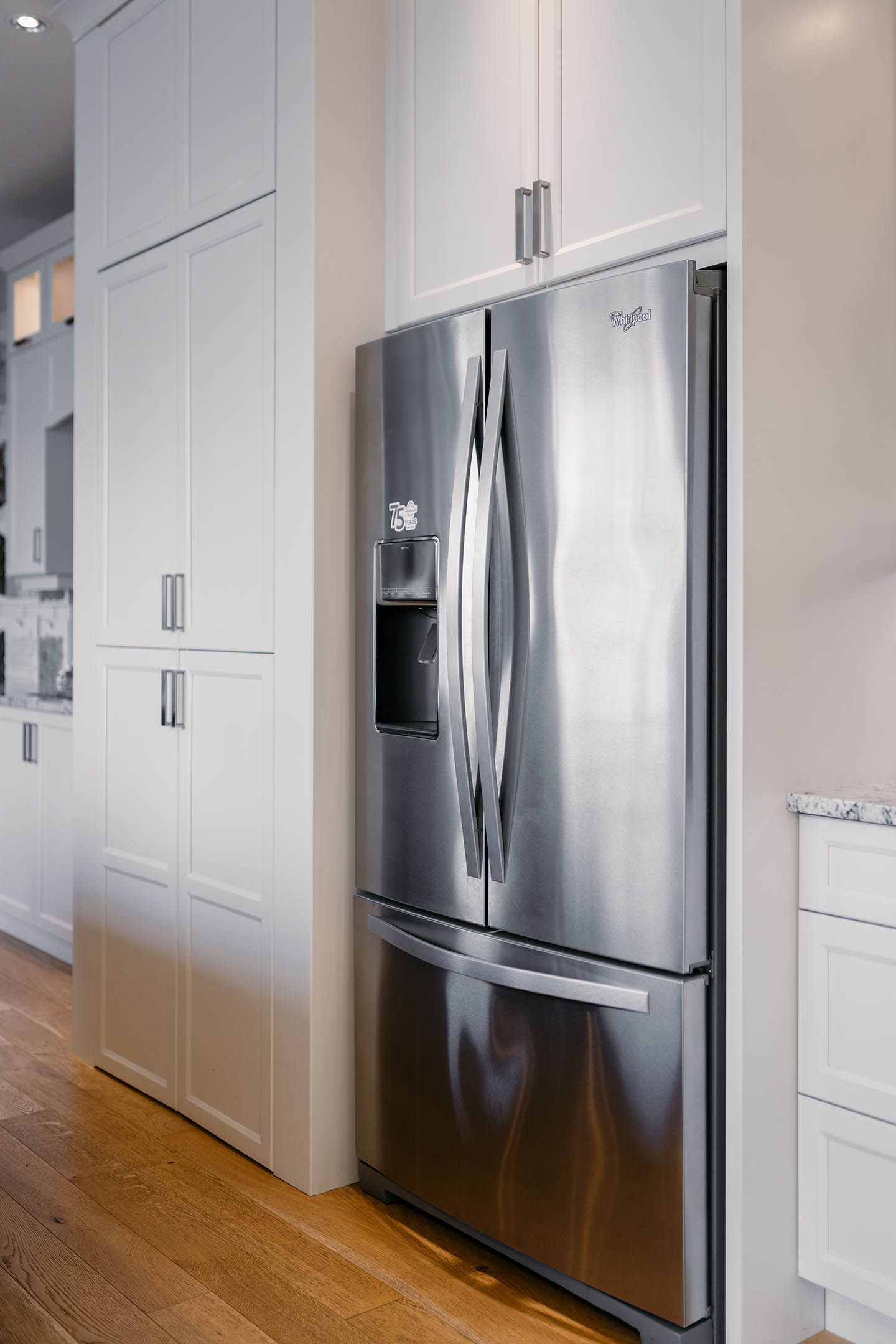 Close up of stainless steel refrigerator