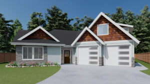 Exterior of house with white garage doors and wooden siding