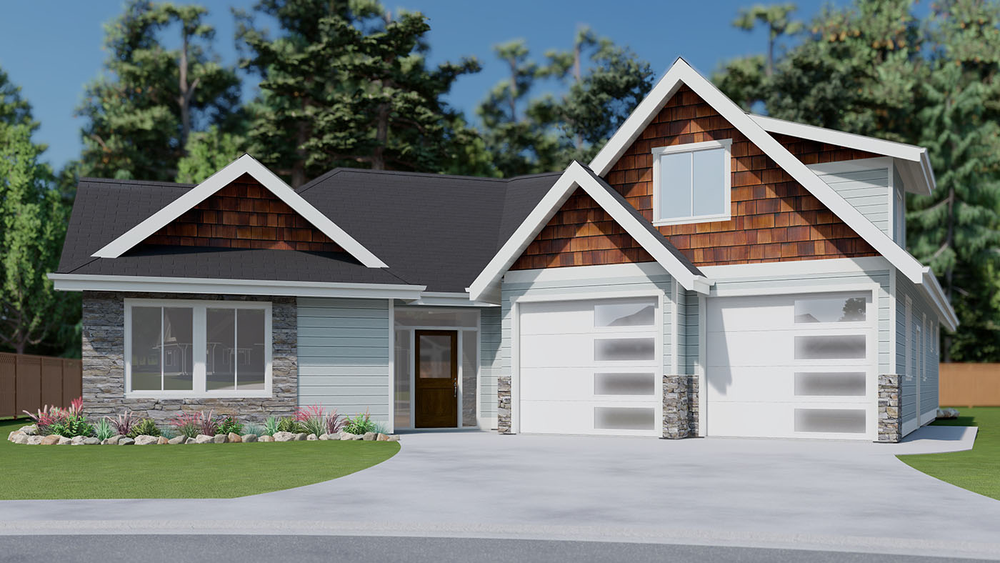 Exterior of house with white garage doors and wooden siding