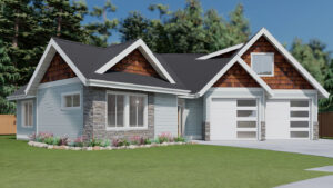 Exterior of house with white garage doors and wooden siding