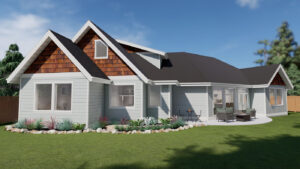 Exterior of house with white garage doors and wooden siding