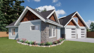 Exterior of house with white garage doors and wooden siding