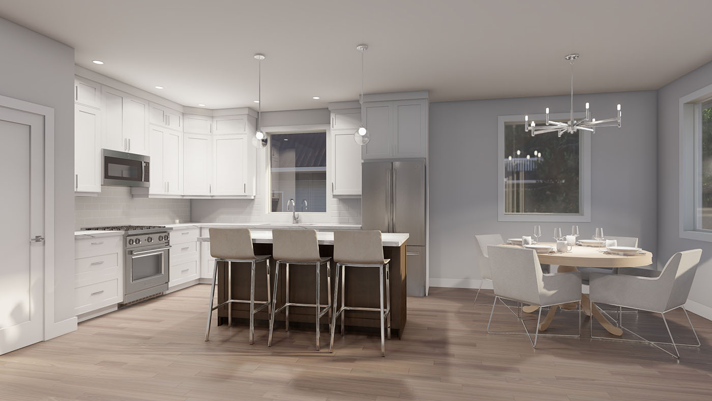 Render of kitchen with white table and seats