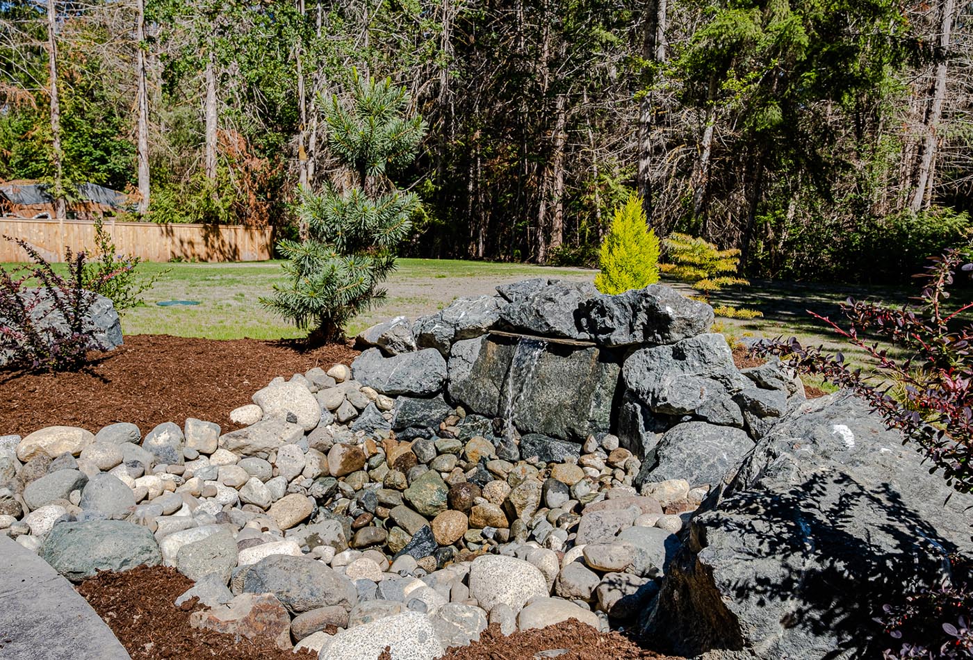 Rock decoration in back yard of house