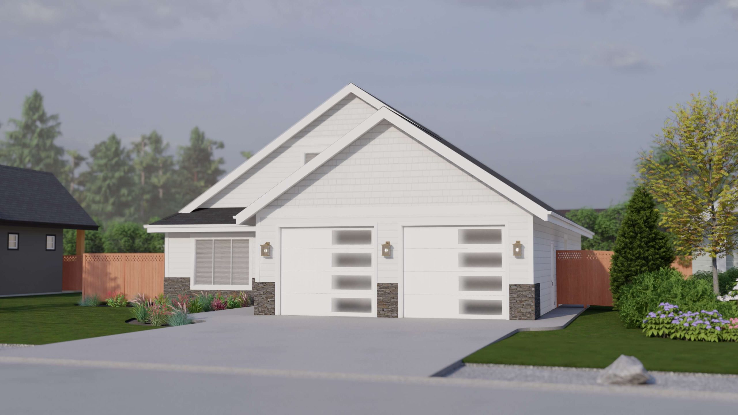 Front view of 1165 Robertson - rendition shows double garage.