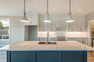 Interior view of hanging kitchen lights over counter at 1165 Roberton in French Creek