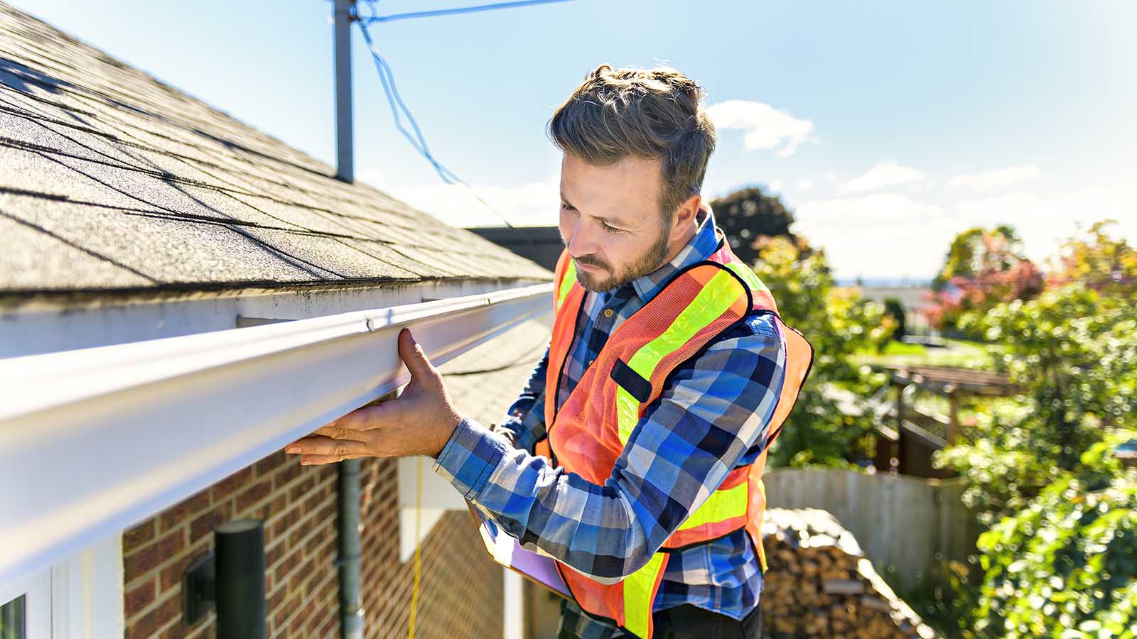 A man standing on steps inspecting house roof