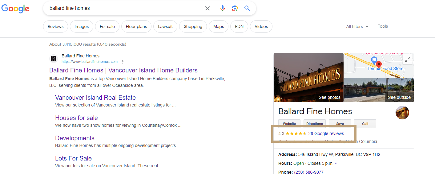 A screenshot of a Google search result showing where to click to find Google reviews for Ballard Fine Homes.