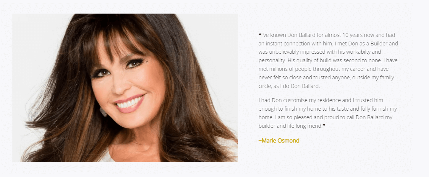 a screenshot showing a testimonial by Marie Osmond.