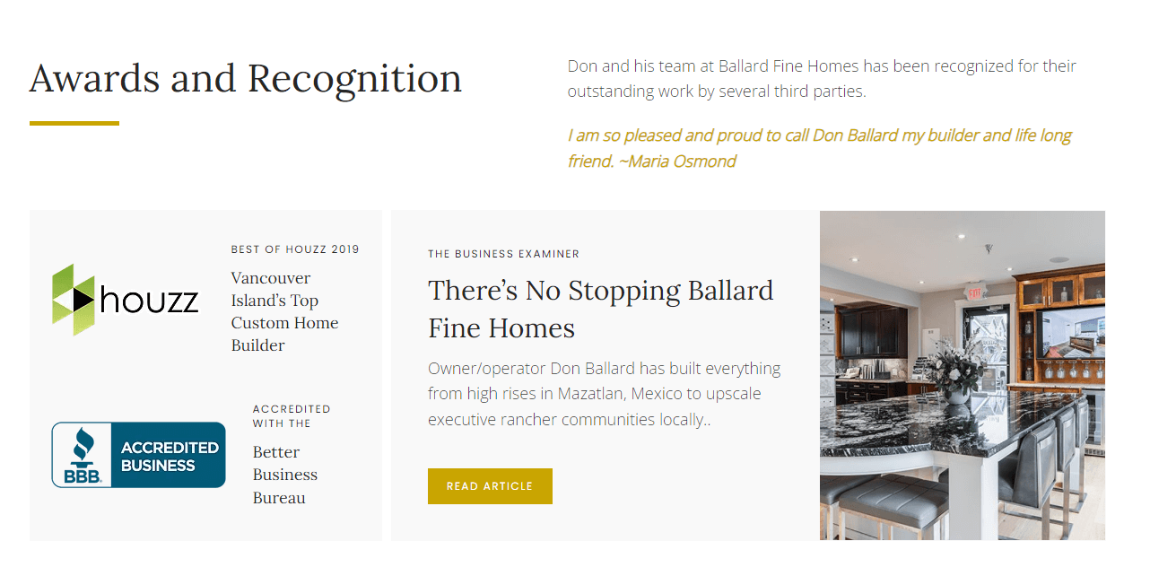 A screenshot of Don Ballard's website showing the awards section.